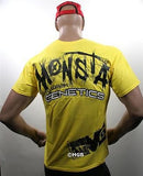 NEW Mens Graphic T MONSTA Bodybuilding Wear GENETICS yellow TShirt Gym Clothing